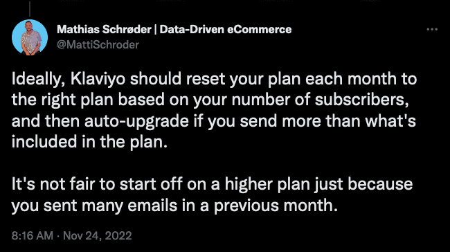 Tweet about Klaviyo pricing plans and their auto-upgrade capability which happened after the Klaviyo price increase