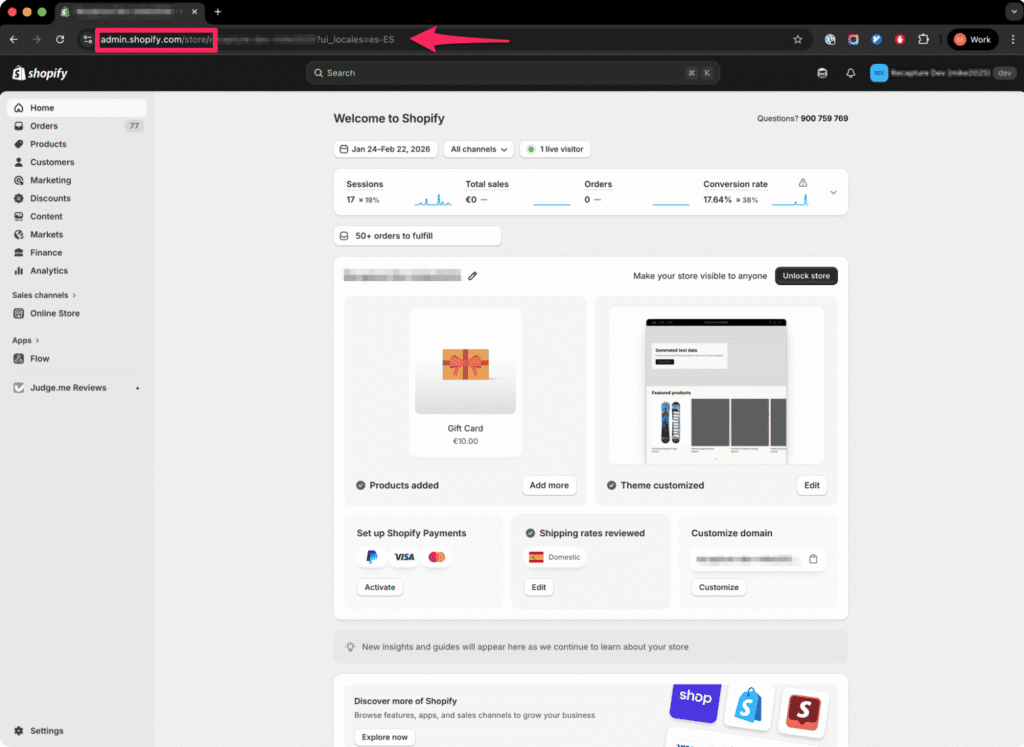 Shopify admin home page