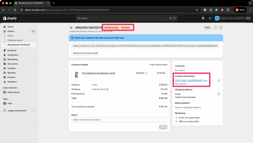 Shopify admin showing abandoned checkout details